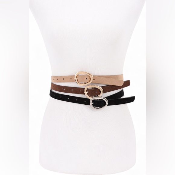 Accessories - 3 PC Vegan Suede Skinny Statement Belt Set - Black, Brown, Tan